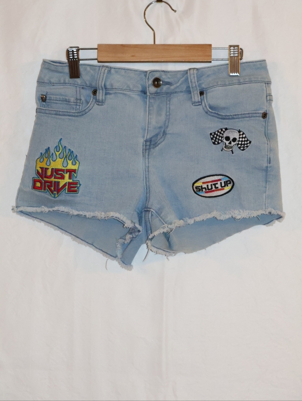 Blackheart Light Blue Distressed Drive Themed Denim Patch Shorts. Juniors 3.
